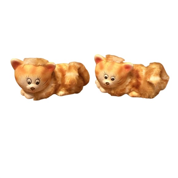 Other - Pair of Vintage Faux Fur Flocked Ceramic Tabby Fat Cat Kitty Figurine Statue